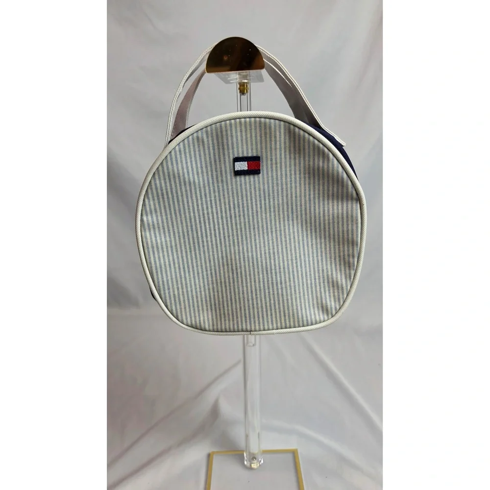Vintage Tommy Hilfiger Striped Round Cosmetic Bag Blue White Y2K Travel Pouch